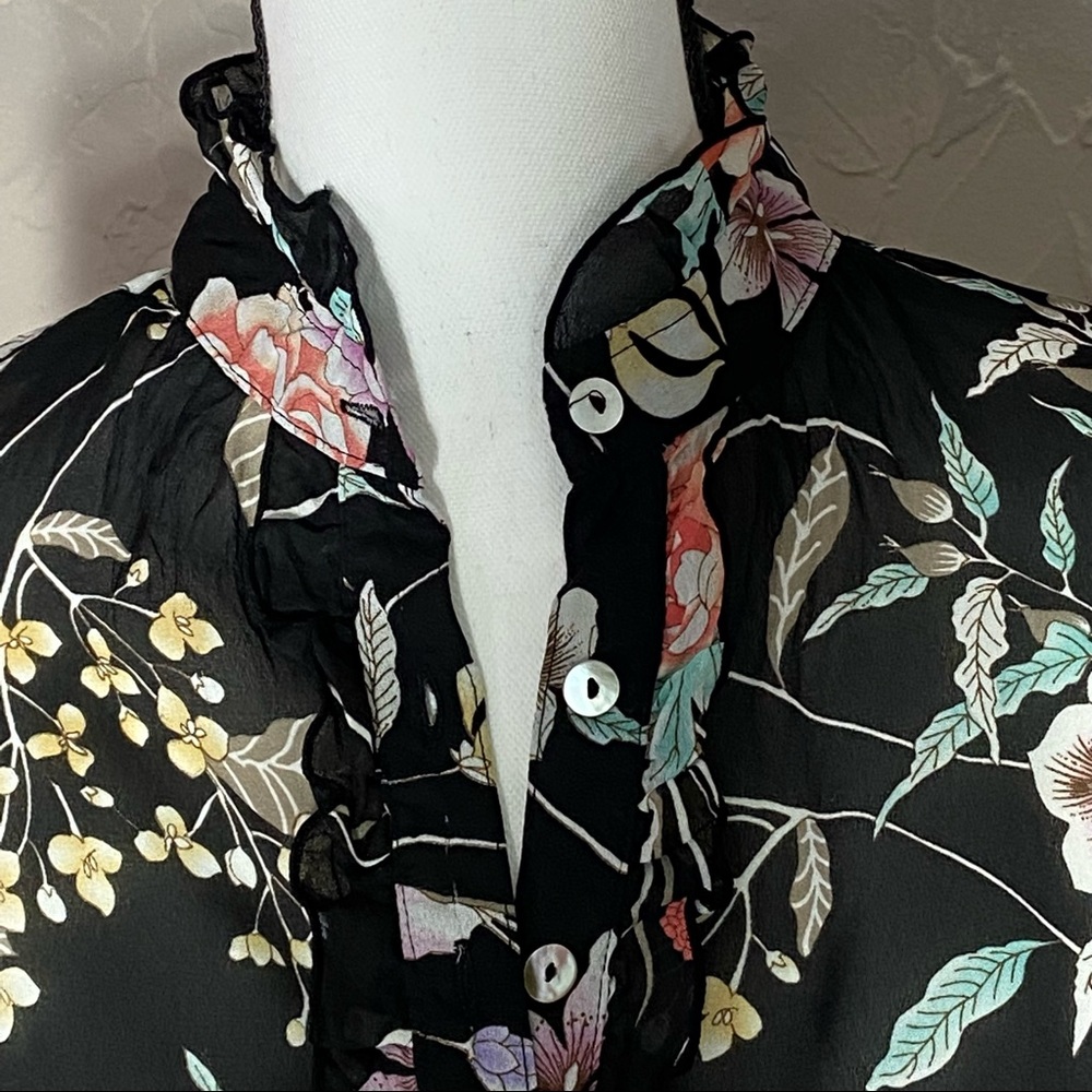 Women's Elegancia medium sheer ruffled button down black floral blouse  #W-117